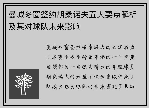 曼城冬窗签约胡桑诺夫五大要点解析及其对球队未来影响 曼城冬窗签约胡桑诺夫五大要点解析及其对球队未来影响