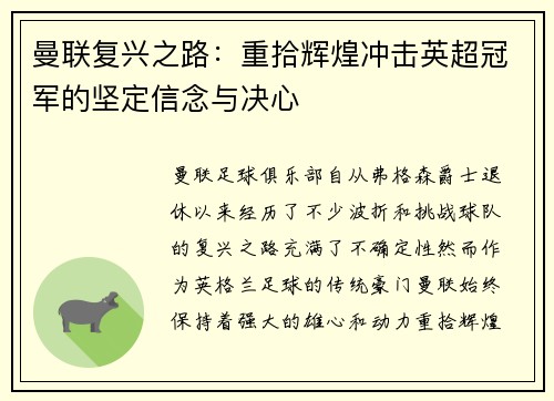 曼联复兴之路：重拾辉煌冲击英超冠军的坚定信念与决心