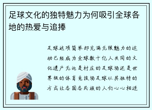 足球文化的独特魅力为何吸引全球各地的热爱与追捧